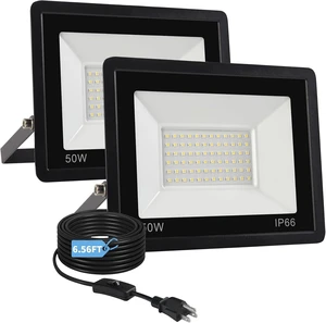 50W Flood Lights Outdoor,8000LM Bright LED Work Light,IP66 Waterproof Outdoor Lights with Switch and 6.5FT Plug,6500K Daylight White Outside Lights for YardGarage,Garden,Stadium(2 Pack)