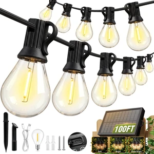 100FT Solar String Lights Outdoor, IP65 Waterproof Shatterproof Dimmable LED Bulbs, Solar & USB Powered, 20+ Hrs Long Lasting, Hanging Lights for Outside Patio, Backyard, Garden, Wedding, Party Decor 100FT Solar String Lights Outdoor, IP65 Waterproof Shatterproof Dimmable LED Bulbs, Solar & USB Powered, 20+ Hrs Long Lasting, Hanging Lights for Outside Patio, Backyard, Garden, Wedding, Party Decor