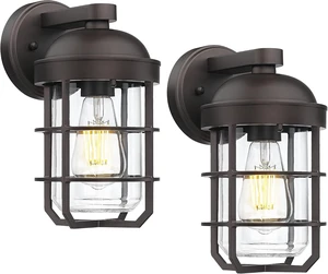 Emliviar 2 Packs Outdoor Wall Lamps, Patio Wall Lighting Waterproof with Clear Tempered Glass, Vintage Exterior Lights in Oil Rubbed Bronze Finish, GE255BL-2PK ORB