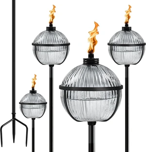 Citronella Torches Set of 4, Large Capacity 16 oz Outdoor Glass Torch Garden Décor58.6 - Inch Upgraded Citronella Torches with 3-Prong Grounded Stake for Yard, Patio, Gatherin Citronella Torches Set of 4, Large Capacity 16 oz Outdoor Glass Torch Garden Décor58.6 - Inch Upgraded Citronella Torches with 3-Prong Grounded Stake for Yard, Patio, Gatherin