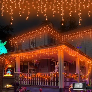 QITONG Orange Lights for Halloween, 33ft 400 LED Icicle Lights for Outside Plug in, Clear Wire Connectable String Light Indoor with 8 Modes QITONG Orange Lights for Halloween, 33ft 400 LED Icicle Lights for Outside Plug in, Clear Wire Connectable String Light Indoor with 8 Modes
