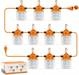 NS 100FT Construction String Lights 150W LED Industrial Grade 15000LM 5000K IP65 Linkable for Construction Sites, Temporary Work, Renovation, Jobsite,All Outdoor Lighting, with 10 Bulbs and Hook
