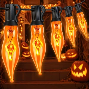 Couah Halloween Flickering Flame String Lights Orange,10Ft C18 Flicker Flame String Lights C18 E12 Base Fireplace Lights Outdoor Indoor for Halloween Decorations Black Wire