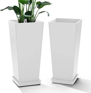 24" Set of 2 Tall White Planters for Outdoor Plants, Tapered 24" Set of 2 Tall White Planters for Outdoor Plants, Tapered