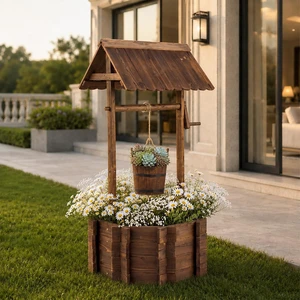 VINGLI Wooden Wishing Well Outdoor Planters, Well Covers for Yard with 2 Reinforced Rods, Height Adjustable Hanging Bucket, Rustic Flower Pot Decor for Outside Patio Garden (Carbonized, 22" Width) VINGLI Wooden Wishing Well Outdoor Planters, Well Covers for Yard with 2 Reinforced Rods, Height Adjustable Hanging Bucket, Rustic Flower Pot Decor for Outside Patio Garden (Carbonized, 22" Width)