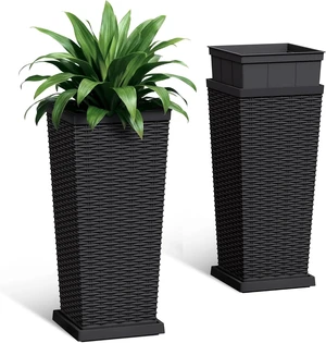 Set of 2 24 Inch Tall Plastic Planters with Drainage Saucers, Black Set of 2 24 Inch Tall Plastic Planters with Drainage Saucers, Black