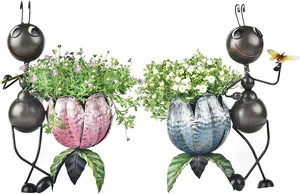 Sungmor 15 Inches Tall Metal Ants Planter, 2PC Pink & Blue Pack