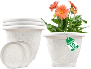 Plastic Flower Pots Planters For Indoor Plants, 4 Pack 10 Inch White Plant Pots With Drainage Hole & Tray, Modern Decorative Large Plant Pot With Saucer For Indoor Outdoor Plants Garden House Planter Plastic Flower Pots Planters For Indoor Plants, 4 Pack 10 Inch White Plant Pots With Drainage Hole & Tray, Modern Decorative Large Plant Pot With Saucer For Indoor Outdoor Plants Garden House Planter