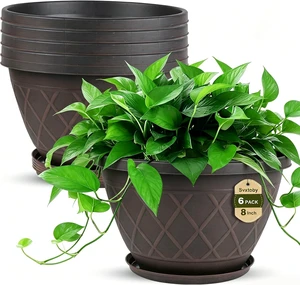 6 Pack 8 Inch Plant Pots, Planters with Drainage Holes & Saucers, Brown 6 Pack 8 Inch Plant Pots, Planters with Drainage Holes & Saucers, Brown