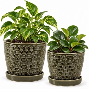 Ceramic Plant Pots, 6.5 and 5.5 Inch, Reactive Glaze Green Ceramic Plant Pots, 6.5 and 5.5 Inch, Reactive Glaze Green