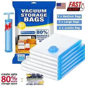 12 Pcs Jumbo Vacuum Storage Bags Bedding Clothes Seal Travel Space Saver w/ Pump 12 Pcs Jumbo Vacuum Storage Bags Bedding Clothes Seal Travel Space Saver w/ Pump
