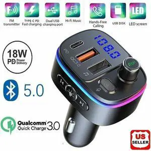 Bluetooth 5.0 FM Transmitter for Car, QC3.0 Type-C PD 18W Wireless FM Radio Kit Bluetooth 5.0 FM Transmitter for Car, QC3.0 Type-C PD 18W Wireless FM Radio Kit