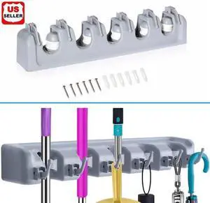 Broom Holder and Garden Tool Garage Organizer 5 Slots 6 Hooks for Rake Mop Wall Broom Holder and Garden Tool Garage Organizer 5 Slots 6 Hooks for Rake Mop Wall