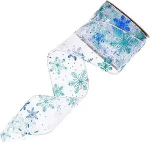 Wired Christmas Wrapping Ribbon Glitter Snowflake Pattern Decorative 2.5InX 10yd Wired Christmas Wrapping Ribbon Glitter Snowflake Pattern Decorative 2.5InX 10yd