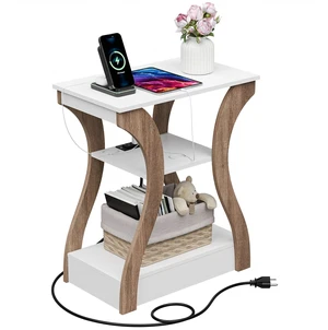 3 Tier End Table with USB & Charging Station White Storage Shelf for Living Room 3 Tier End Table with USB & Charging Station White Storage Shelf for Living Room