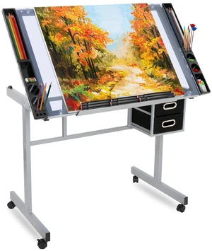 Drafting Table on Wheels Adjustable Glass Tabletop Drawing Desk w/Storage Drawer Drafting Table on Wheels Adjustable Glass Tabletop Drawing Desk w/Storage Drawer