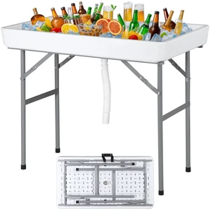 Party Ice Cooler Folding Table w/ 5L Bucket Portable Outdoor Cooler Table White Party Ice Cooler Folding Table w/ 5L Bucket Portable Outdoor Cooler Table White
