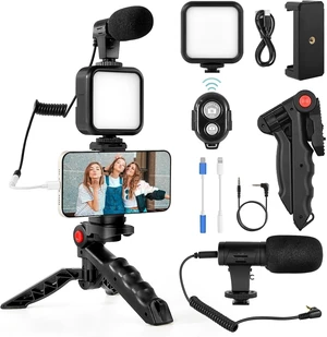 Complete Vlogging Setup: Tripod, Adjustable LED Light, and Microphone for Phones Complete Vlogging Setup: Tripod, Adjustable LED Light, and Microphone for Phones