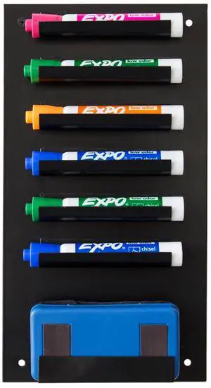 6-Slot Wall Mounted Metal Dry Erase Marker & Eraser Vertical Storage, Black 6-Slot Wall Mounted Metal Dry Erase Marker & Eraser Vertical Storage, Black