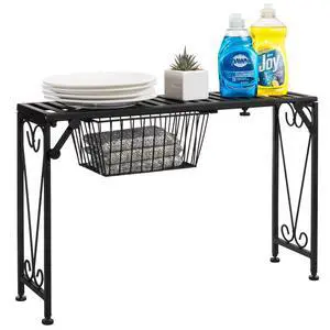 Black Metal Expandable Over-The-Sink Storage Shelf Rack w/Pull-Out Drawer Black Metal Expandable Over-The-Sink Storage Shelf Rack w/Pull-Out Drawer
