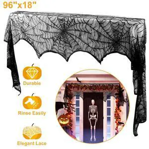Elegant Black Lace Spiderweb Fireplace Mantle Scarf Cover for Halloween Elegant Black Lace Spiderweb Fireplace Mantle Scarf Cover for Halloween