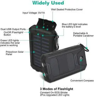 Portable Solar Battery Charger Solar Power Bank w/ Lights Compass Camping Hiking Portable Solar Battery Charger Solar Power Bank w/ Lights Compass Camping Hiking