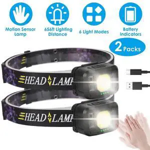 2Pcs Head Lamp, Motion Sensor Rechargeable Headlamp,6 Modes Ultra-Light Headlamp 2Pcs Head Lamp, Motion Sensor Rechargeable Headlamp,6 Modes Ultra-Light Headlamp