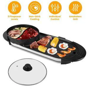 2 in 1 Electric Hot Pot w/ BBQ Grill Cooker 2200W Smokeless Non-Stick Korean BBQ 2 in 1 Electric Hot Pot w/ BBQ Grill Cooker 2200W Smokeless Non-Stick Korean BBQ