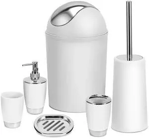 6-Piece White Bathroom Set Durable PP Modern Design Trash Can Included 6-Piece White Bathroom Set Durable PP Modern Design Trash Can Included