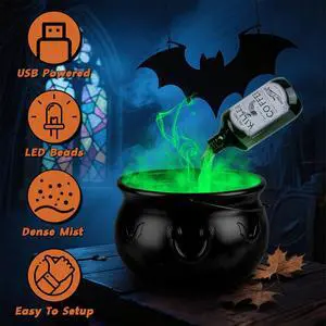 Halloween Witch Cauldron Bucket USB Powered Green Glow Potion Effect Tabletop Halloween Witch Cauldron Bucket USB Powered Green Glow Potion Effect Tabletop