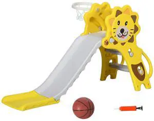 3 in 1 Toddler Slide for Indoor with Basketball Hoop Yellow 3 in 1 Toddler Slide for Indoor with Basketball Hoop Yellow