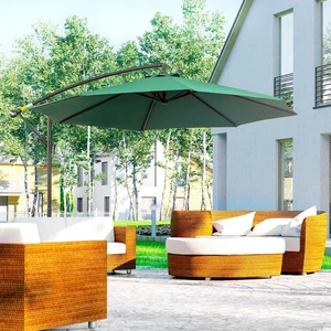 9.7ft Offset Patio Umbrella, Hanging Cantilever Parasol w/ Crank, Base, Cream 9.7ft Offset Patio Umbrella, Hanging Cantilever Parasol w/ Crank, Base, Cream