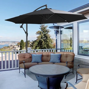 9.7ft Offset Patio Umbrella, Hanging Cantilever Parasol w/ Crank, Base, Black 9.7ft Offset Patio Umbrella, Hanging Cantilever Parasol w/ Crank, Base, Black