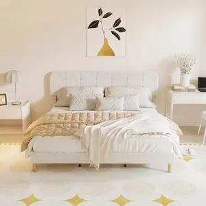 Queen Bed Frame with Adjustable Headboard Platform Bed Frame White Queen Bed Frame with Adjustable Headboard Platform Bed Frame White