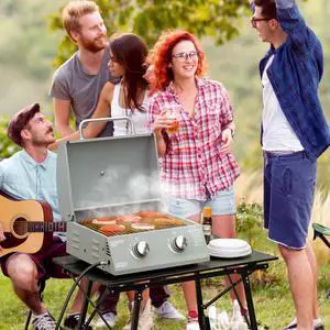 2 Burner Folding Tabletop Gas BBQ Grill w/ Lid, Carbon Steel, Silver 2 Burner Folding Tabletop Gas BBQ Grill w/ Lid, Carbon Steel, Silver