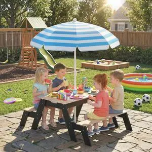 Qaba Kids Picnic Table with Umbrella, 3 in 1 Wooden Sand & Water Table Qaba Kids Picnic Table with Umbrella, 3 in 1 Wooden Sand & Water Table