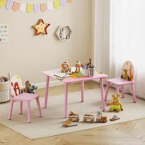 Qaba Kids Table and 2 Chairs Set with Animal Pattern, Pink Qaba Kids Table and 2 Chairs Set with Animal Pattern, Pink