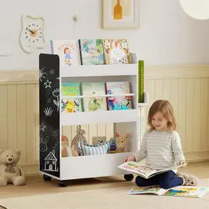 Kids Bookshelf, Kids Bookcase with Wheels, Blackboard for Nursery Kids Bookshelf, Kids Bookcase with Wheels, Blackboard for Nursery