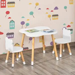 Kids Wooden Table and 2 Chairs Set Cute Bear Shape with Rounded Corners White Kids Wooden Table and 2 Chairs Set Cute Bear Shape with Rounded Corners White