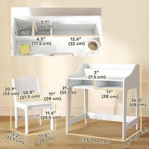 Kids Desk and Chair Set, Study Table w/ Storage Shelves, White Kids Desk and Chair Set, Study Table w/ Storage Shelves, White