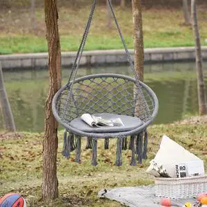Hammock Chair Hanging Rope Swing for Indoor&Outdoor Use w/Backrest Cream White Hammock Chair Hanging Rope Swing for Indoor&Outdoor Use w/Backrest Cream White