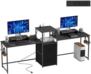 Computer Desk for 2 Person, Gaming Desk with Power Outlets, Black Computer Desk for 2 Person, Gaming Desk with Power Outlets, Black