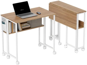Folding Desk, Portable Computer Desk with Shelf Wheels, Natural Wood Folding Desk, Portable Computer Desk with Shelf Wheels, Natural Wood