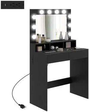 Vanity Table Makeup Desk with Lighted Mirror and Charging Station, Black Vanity Table Makeup Desk with Lighted Mirror and Charging Station, Black