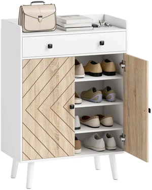 Shoe Cabinet with Adjustable Shelves and Drawer, White Shoe Cabinet with Adjustable Shelves and Drawer, White
