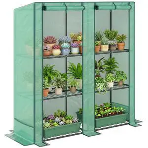 Lean-to Mini Greenhouse with 3 Tier Shelves, Green Lean-to Mini Greenhouse with 3 Tier Shelves, Green