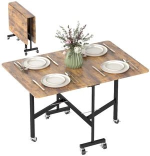 Mobile Drop Leaf Table, Folding Kitchen Table with 6 Wheels, White Mobile Drop Leaf Table, Folding Kitchen Table with 6 Wheels, White