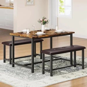 44IN Dining Table Set 4-6 Persons Wooden with 2 Upholstered Benches SpaceSaving 44IN Dining Table Set 4-6 Persons Wooden with 2 Upholstered Benches SpaceSaving