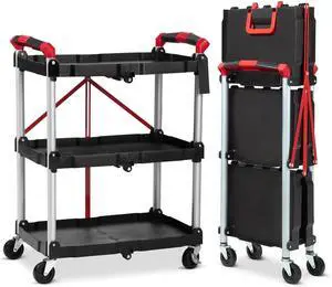 3-Tier Folding Utility Cart with Wheels Handle Portable Folding Service Cart 3-Tier Folding Utility Cart with Wheels Handle Portable Folding Service Cart