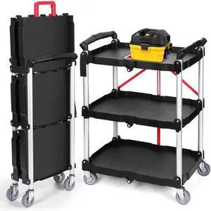 Folding Service Cart Heavy Duty Foldable Utility Cart with 360° Swivel Wheels Folding Service Cart Heavy Duty Foldable Utility Cart with 360° Swivel Wheels